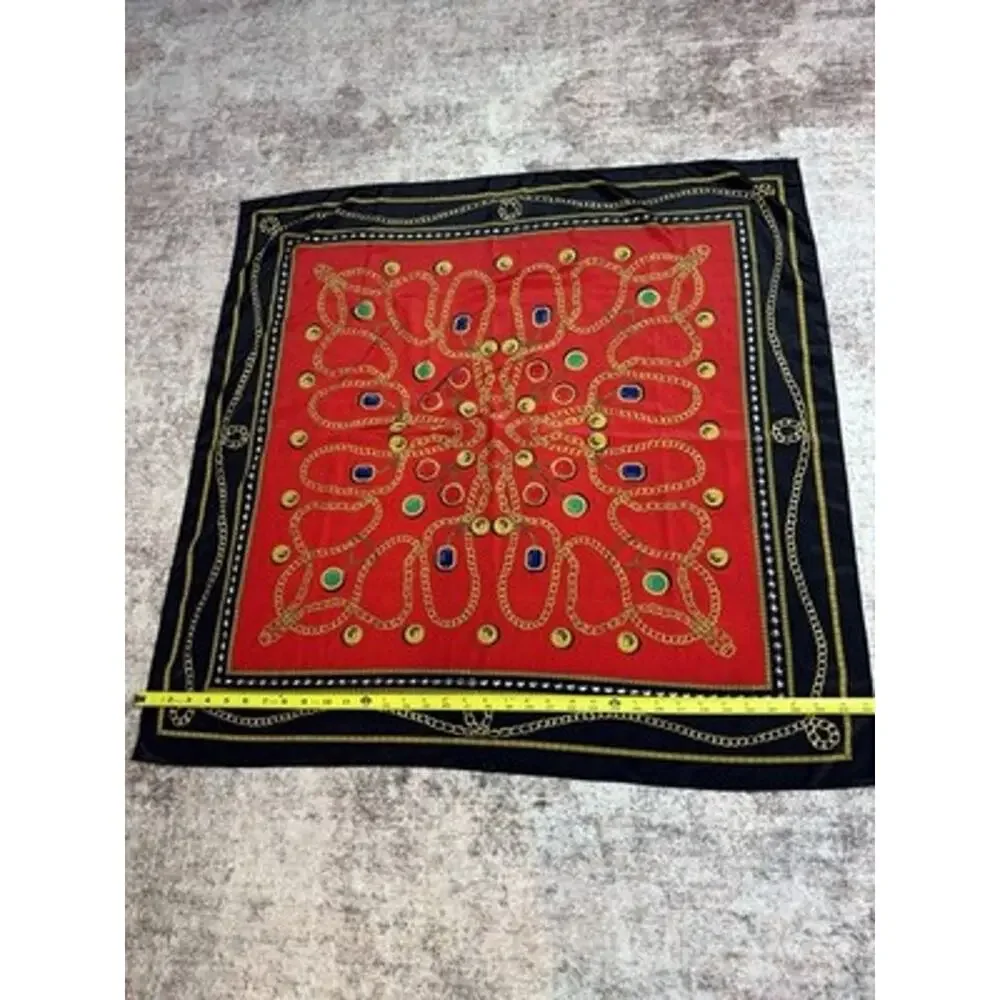 Vintage Square 35” Scarf Red Black Gold Chain Link Coin Jewel Print Silk Crest